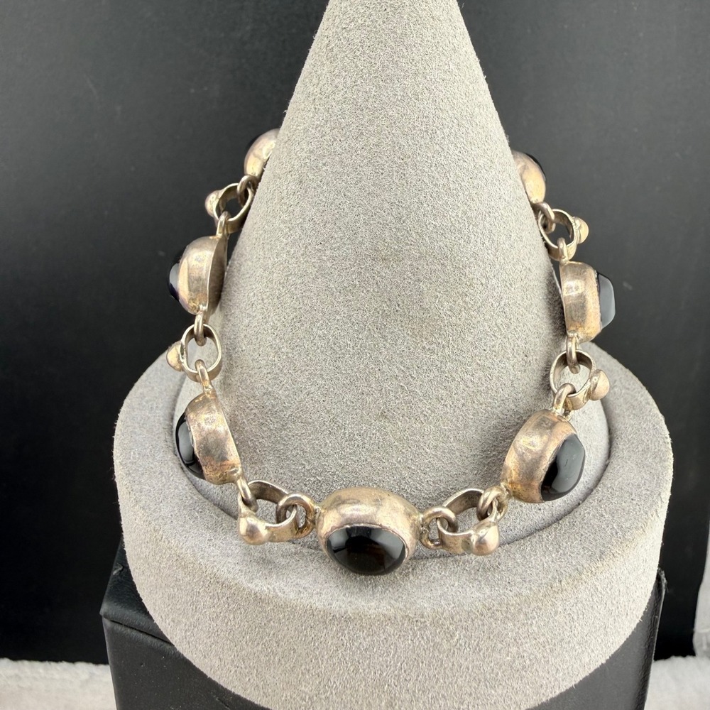 Vintage Taxco Mexico Sterling Silver Bracelet‎ Black Onyx Link 7.5in